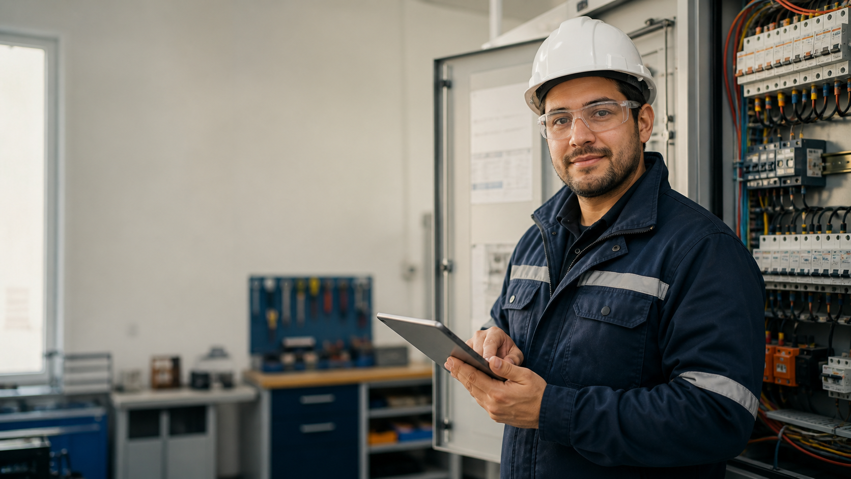 Técnico eléctrico usando una tablet junto a un tablero en un taller de formación