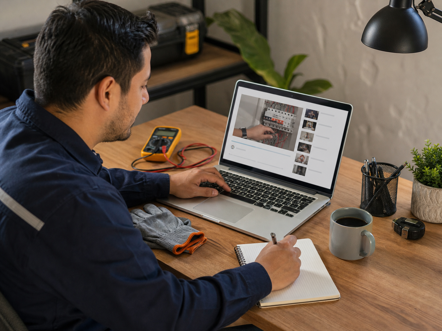 Trabajador estudiando un curso técnico online desde un computador