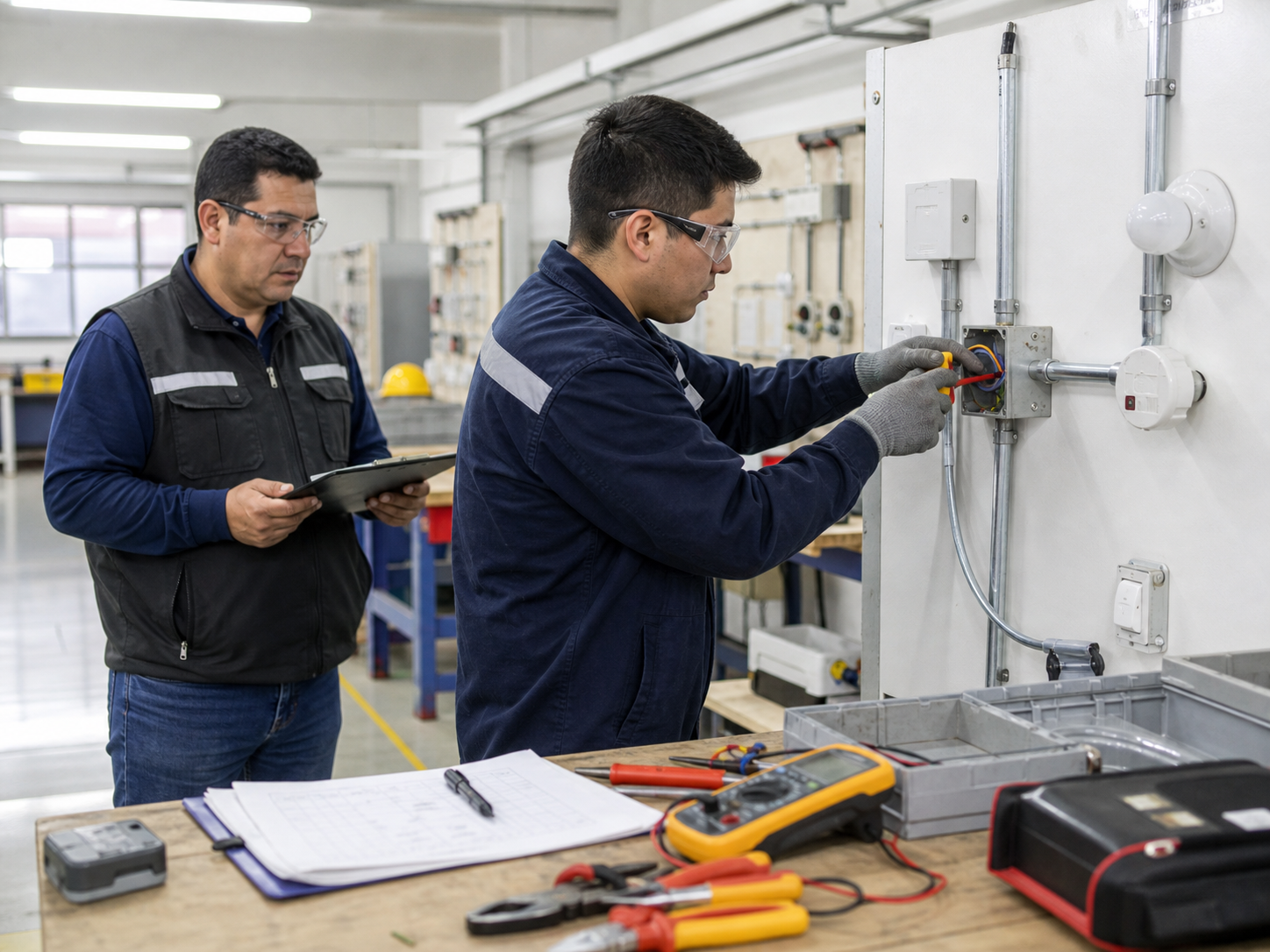 Evaluador observando una prueba práctica de instalación eléctrica en un centro técnico